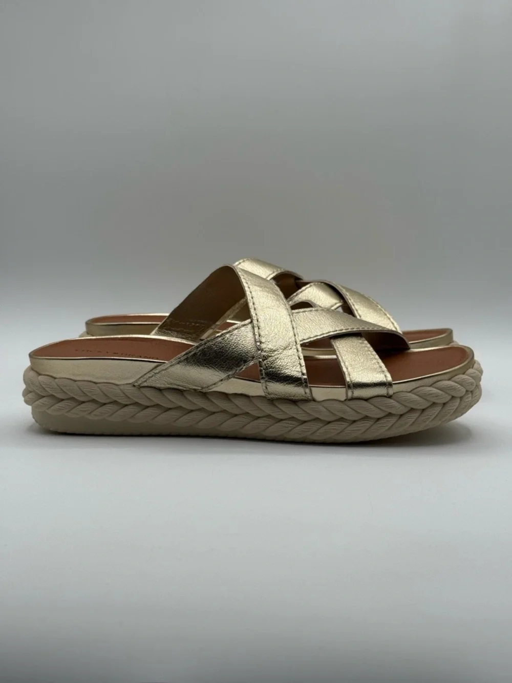 Lucky Brand Lofftee Gold Espadrille Slide Metallic Crisscross Sandals Size 10